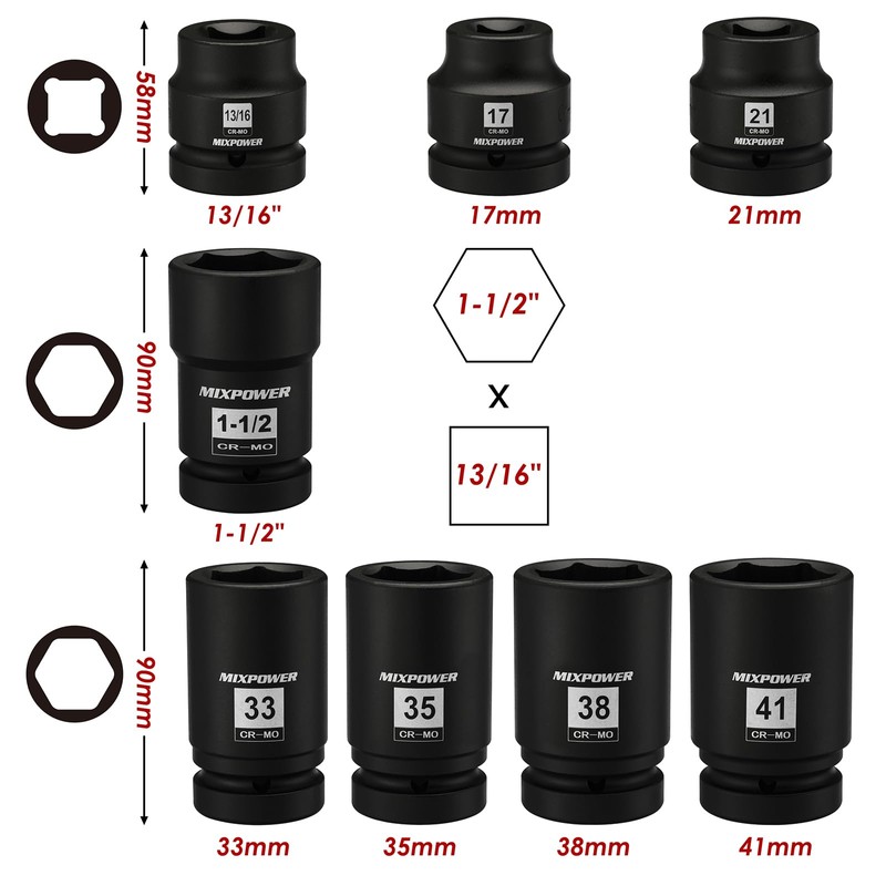 MIXPOWER 8PCS 1"Drive Impact Socket Set - 17mm, 21mm, 13/16"