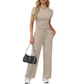 WIHOLL Two Piece Sets for Women Summer Short Sleeve Vacation Travel Outfits for Airplane 2025 Cozy Holiday Beach Fashion Comfy Matching Sets Women Clothing Spring Break Lounge Sets Beige M