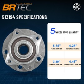 BRTEC 513194 Front Wheel Hub and Bearing Assembly for Volvo S60 2001-2009 / S80 1999-2006 / V70 2001-2007 / XC70 2003-2007 5 Lug