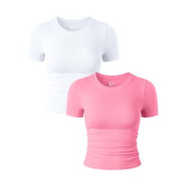 OQQ Womens 2 Piece Shirts Short Sleeve Crew Neck Ruched Stretch Fitted Tee Shirts Crop Tops White Candypink