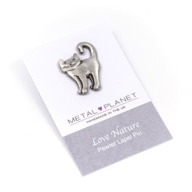 Metal Planet Ltd Cat with curled tail, pewter pin badge by Luna London, UK. Gift