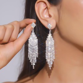Denifery Rhinestone Earrings Dangling for Women Silver Sparkly Drop Crystal Earrings Chandelier Statement Tassel Earrings Long Dangle Costume Jewelry
