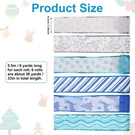 6 Rollos Cinta Navideña con Purpurina 6,3cm de Ancho Cinta de Navidad Serie Azul Patrón de Ondas Copo de Nieve Cinta para Arbol de Navidad Envolver Regalos Manualidades (33m de Longitud Total)