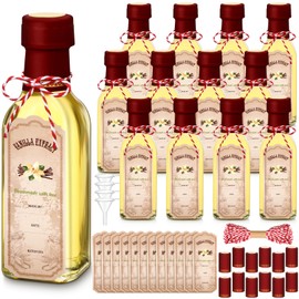 Tioncy 12 Pcs Vanilla Extract Bottles for Homemade Vanilla Jar Glass Square Bottle with Cap Shrink Band Sticker Syrup Food Storage Canister for Liquids Bean Sauce Spice Gift Giving(Red,5 oz)