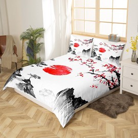 Loussiesd Japanese Ukiyoe Bed Linen Set, Cherry Blossoms, Red Sun Duvet Cover for Children, Boys, Girls, Ink, Japanese Style Bed Linen, 135 x 200 cm, Exotic Style, Decor Bedding with 1 Pillowcase