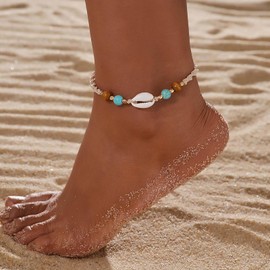 TseenYi Boho Shell Anklet Turquoise Beads Anklet Cowry Cord Knot Rope Anklet Bracelet Shell Anklet Summer Beach Adjustable Anklet Jewellery for Women and Girls, Zinc
