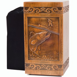 ZDYUEPING Wooden Cremation Urn for Human Ashes, Adult, Male/Female, Large, Design, 250 lbs Capacity (Walnut Wood Color, 250LBS, Fishing)