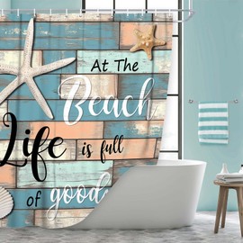 JAWO Beach Shower Curtain, Rustic Vintage Wood Ocean Quote Words Fabric Shower Curtains, Nautical Coastal Theme Shower Curtain with Hooks 48x70Inches