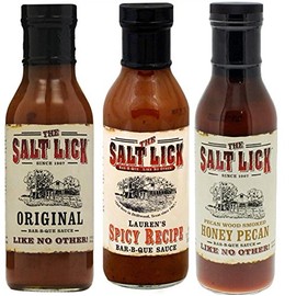 Salt Lick BBQ Sauce Assortment, one each of Original BBQ Sauce, Lauren's Spicy BBQ Sauce & Honey Pecan BBQ Sauce