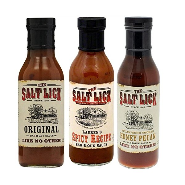 Salt Lick BBQ Sauce Assortment, one each of Original BBQ Sauce, Lauren's Spicy BBQ Sauce & Honey Pecan BBQ Sauce