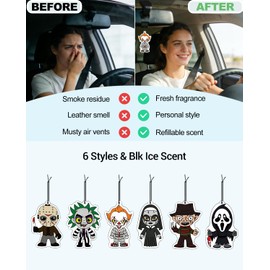 BOCACUE Car Air Freshener Hanging, 6Pcs Horror Figures Halloween Tree Decorations, Horror Movie Gifts, Halloween Air Freshener Car Decor, Scented Rearview Mirror Pendant, Halloween Gifts for Men Women