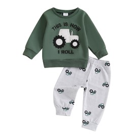 Toddler Baby Boy Fall Outfits Clothes Tractor Embroidery Print Long Sleeve Pullover Sweatshirts Elastic Waist Jogger Pants Sets 2Pcs Infant Boy Sweatsuit Tracksuit (Green, 3-6 Months)