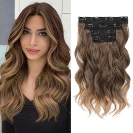 REECHO Hair Extensions, 4PCS Clip in Hair Extensions 14" Short Beach Wavy Hair Extensions Invisible Lace Weft Natural Soft Hairpieces for Women – Light Brown with Golden Ends