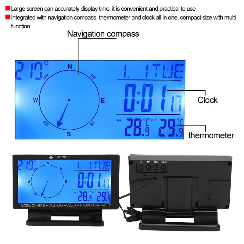 CD60 Multifunctional Digital Car Automobile Thermometer Gauge with Time Navigation