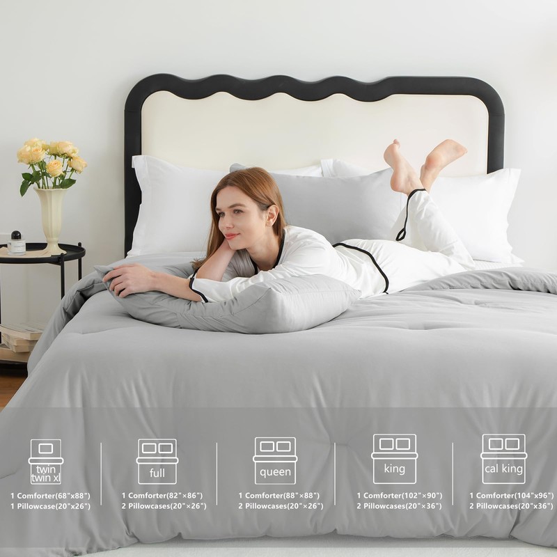 CozyLux Light Grey Comforter Set King Size, 3 Pieces Solid