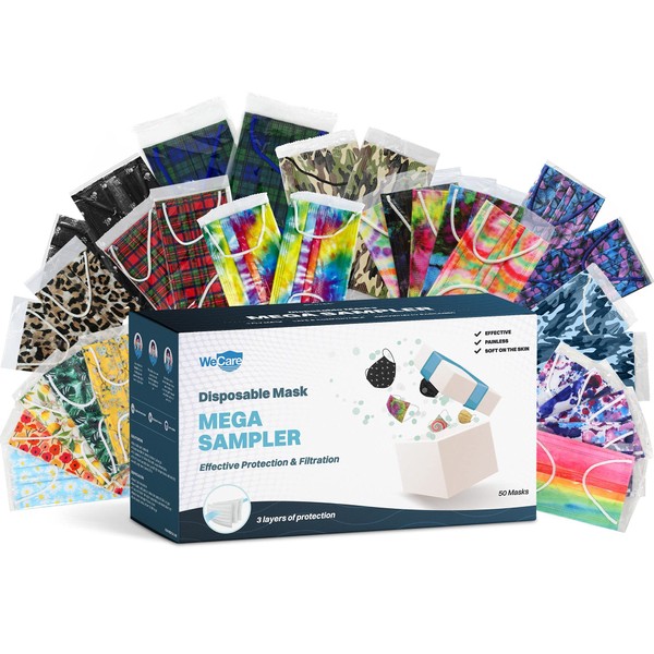 WECARE Disposable Face Mask Individually Wrapped - Variety Mystery Box - 50 Assorted Colored and Print Masks