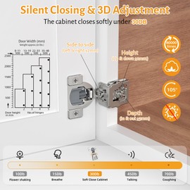 Chibery 10 Pack 1-1/4" Overlay 3D Soft Close Concealed Hinge for Face Frame Door, Smooth Slow Quite, Self Closing Hinges, 105° Open, Hidden Stainless Steel Hinge for Kitchen Cabinet Door, Satin Nickel
