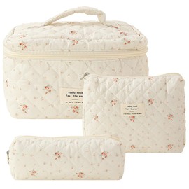 CHAMAIR 3Pcs Coquette Makeup Bag - Quilted Cosmetic Bag Large Make Up Bag Set Aesthetic Floral Toiletry Bag Cotton Travel Skincare Bag for Women Ladies Girls (Style B4)