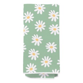 bitCNY Sage Green Daisy Floral Kitchen Towels, White Daisy Flowers Dish Tea Towels for Kitchen Decor, Rustic Green Pastel Floral Hand Towels for Bathroom Decor, 16x24 Inch