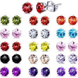 Boao 15 Pairs Stainless Steel Stud Earrings for Women Birthstone Hypoallergenic Cubic Zirconia Stud Earrings Set(Colorful,6 mm)