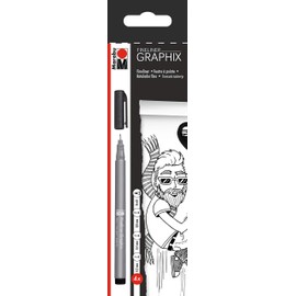 Marabu 0146000000101 - Fineliner Graphix, 4 Stifte in schwarz mit Strichstärken 0,2 mm, 0,4 mm, 0,8 mm und brush, brillante Farbe, wasserbasierte Pigmenttusche, metallgefasste Kunststoffspitze
