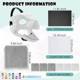 Seenelling 13 Pcs DIY Dino Mask Kit Hard Plastic Dinosaur Mask Furry Therian Dino Costume Kit Animal Dinosaur Party Costume(Gray, White)