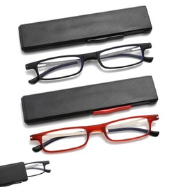 OWTXIS Ultra thin Folding Reading Glasses for Women Men Compact TR90 Blue Light Blocking Readers with Portable Slim Flat case (Black, Red, +2.50)