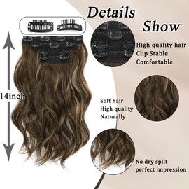Clip in Hair Extensions, 14 Inch Hair Extensions Clip Ins 4 Pcs Synthetic Curly Wavy Hair Extensions Thick Clip on Hair Extensions Hairpiece(Mixed Brown&Blonde)