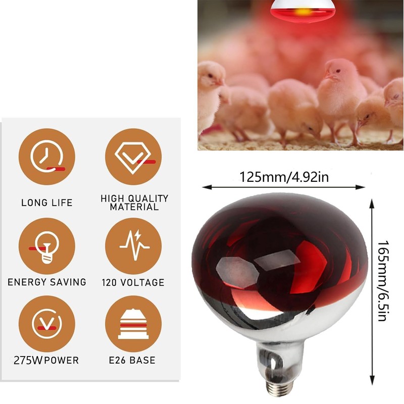 2 Pack 275W Infrared Heat Bulbs Red Heat Lamp Glass