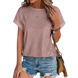 Bliwov Womens Tops Eyelet Embroidery Summer Spring Curved Hem 2025 Casual Short Sleeve Trendy T Shirts Beach Vacation Clothes,Dusty Pink,XL