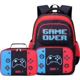 AUIVTY Kids Backpack Boys Gamer Backpack with Lunch Box Kindergarten Elementary Middle School Travel Sport Gaming Bookbag for Boys Girls Ages 4-14, Gamer Blue Red