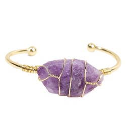 COLORFUL BLING Healing Stone Gold Plated Copper Wire Wrapped Natural Stone Cuff Bangle Gemstone Bracelet Chakra Energy Women Adjustable Open Bracelet Jewelry-A purple