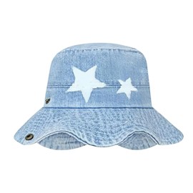 Women Girls Vintage Denim Bucket Hat Roll up Western Cowboy Hat Summer UV Protection Jeans Fisherman Hats Wide Brim Star Print Outdoor Sun Hats for Hiking Beach Travel