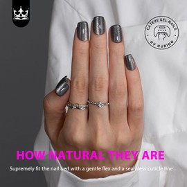 Smoky Grey Cat Eye False Nails, SXVME Glitter Press on Nails Short Square, Sparkly Shiny Fake Nails Natural, Cute Bling Stick on Nails for Women Daily Wear, 30 Pcs