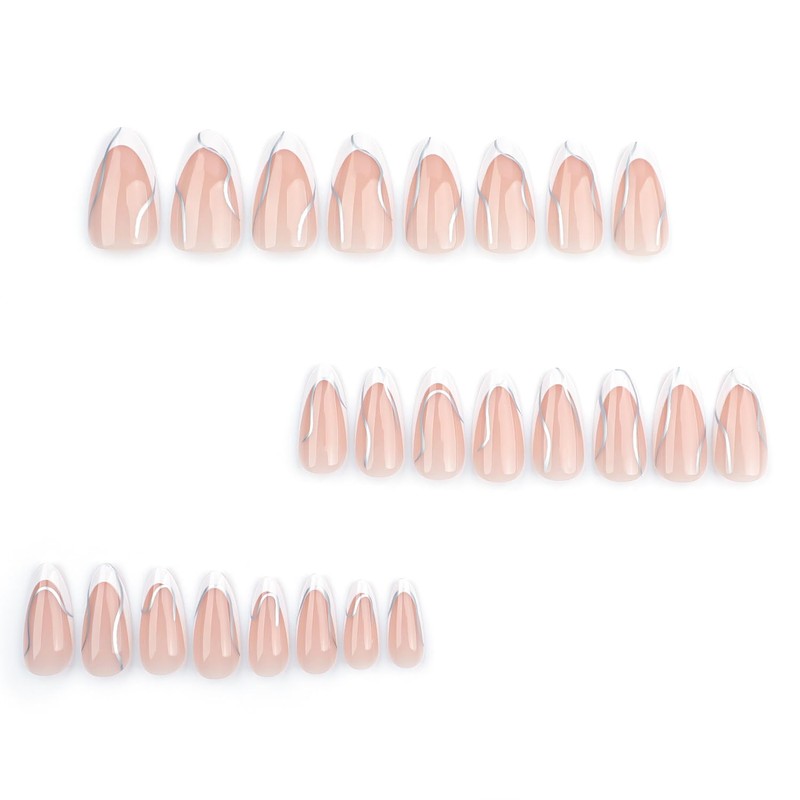 White French Tip Medium Almond Press On Glossy Silver Wavy