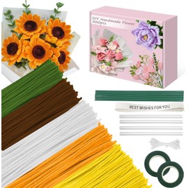 500 Pcs Pipe Cleaners Craft，5 Colors Pipe Cleaners Bulk,Chenille Stems Flowers Craft kit for DIY Handmade Bouquet Wrapping Party Decorations Whit Ribbons，Stems,Tape，Stamens, Glue Sticks (Sunflower)
