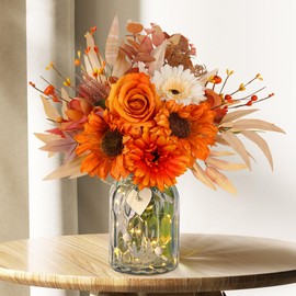 Faux Flowers with Vase, Artificial Silk Roses in Vase, Fake Plant Eucalyptus Flower Arrangement for Fall Decorations Indoor Home Office Farmhouse Table Centerpiece Coffee Table Decor (Orange)