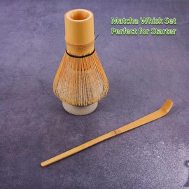 Aswalling Matcha Set 4pcs-Handmade Bamboo Whisk(Chasen) and Traditional Tea Scoop, Matcha Spoon and Ceramic Whisk Holder