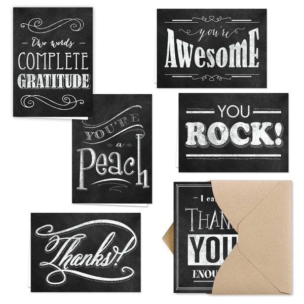 Retro Chalkboard Thank You Note Card Assortment Pack/Set Of 36 Greeting Cards / 6 Chalk Designs Blank Inside With Kraft Envelopes