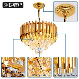 Modern Luxury Crystal Pendant Light Crystal Chandelier Round Chandelier Flush Mount Ceiling Lighting Fixture for Living Room Dining Room Table Restaurant,E12x4 Lights,Gold