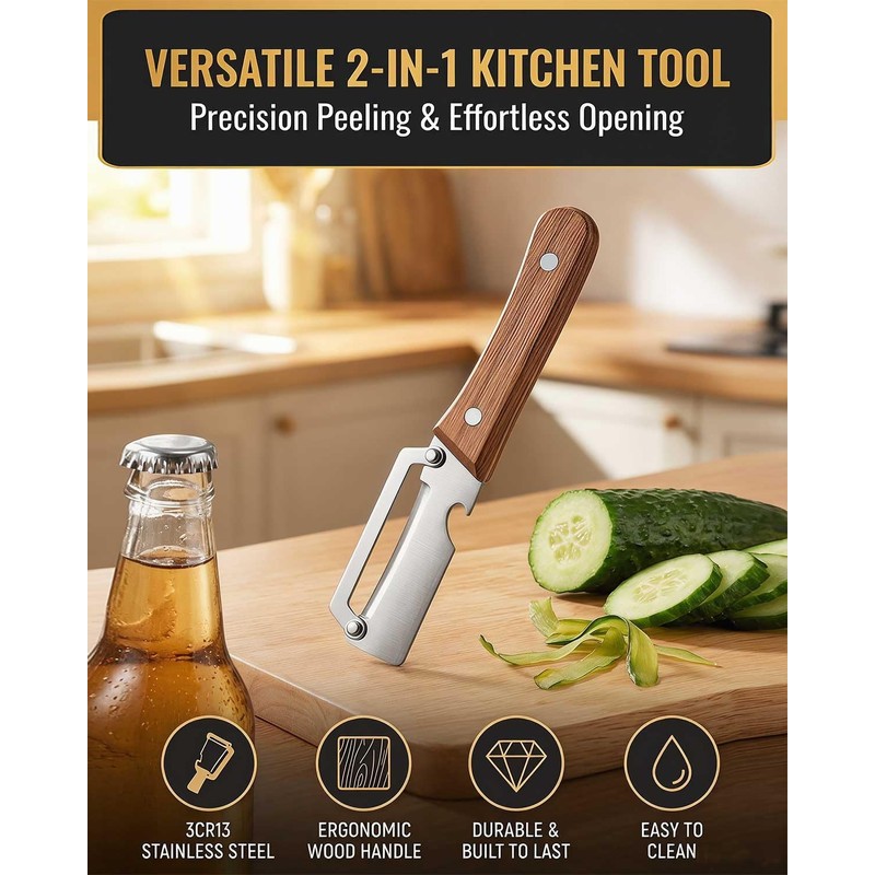 Vegetable Peeler 2-in-1 with Wooden Handle & Bottle Opener –