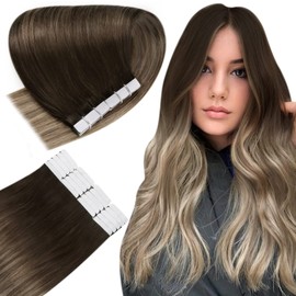 Easyouth Human Hair Tape in Extensions Balayage Brown Fading to Medium Brown Highlights Ash Blonde Hair Extensions Tape ins Remy Hair Ombre Brown Tape in Hair Extensions 12Inch 30g 20pcs