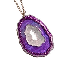 Sustainable Acrylic Crystal Geode Slice Pendant Necklace, White or Purple Fake Cut Geode Jewelry (Purple)