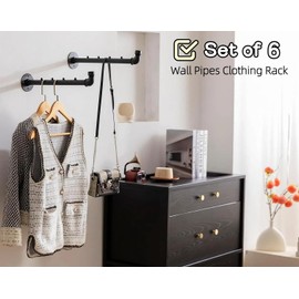 Industrial Wall Pipe Clothes Bar - Heavy Duty Metal Coat Hanger with Hook, Wall-Mounted Garment Holder Racks,Wall Clothing Racks/Hanging Rail, 6Pcs