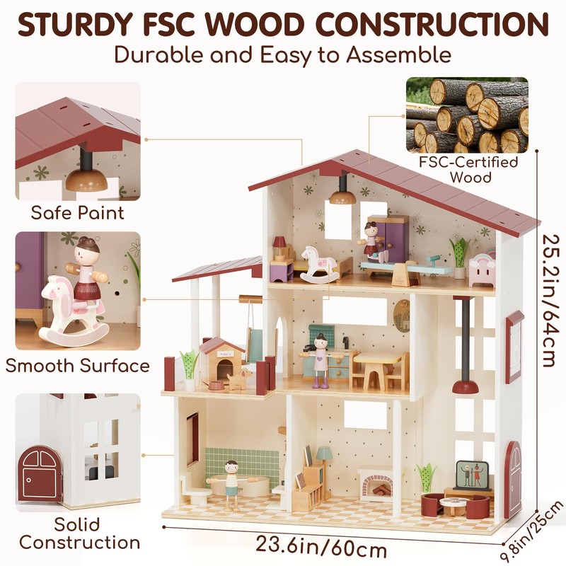Lehoo Castle Wooden Dollhouse for Girls, Doll House with 5