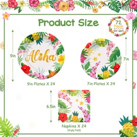 Fighting to Achieve 72PCS Hawaiian Luau Plates and Napkins, Set of 24 Aloha Plants Luau Disposable Plates for Summer Party Decorations, Tropical Party Dinnerware Set