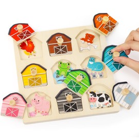 LZDMY Montessori Toy from 1 Year Baby Wooden Puzzle, Farm Motor Skills Toy for 12-36 Months Girls Boys Children Gripping Puzzle Plug-in Toy Sorting Game Birthday Christmas Easter Gift