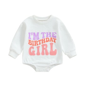 Kayotuas First Birthday Outfit Baby Boy Girl Bubble Romper Birthday Letter Long Sleeve Sweater Crewneck Sweatshirt Bodysuit (White I'm The Birthday Girl, 6-12 Months)