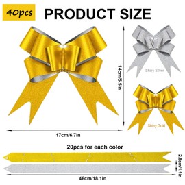Pull Bows,40P Glitter Bows Christmas Pull Bows Gold and Silver Pulled Bow Ribbon Gift Bow for Gift Wrapping,Silver Gift Bow Ribbon Wrapping Bow for Wedding Ribbon Pull Bows Basket Christmas Trees Bows