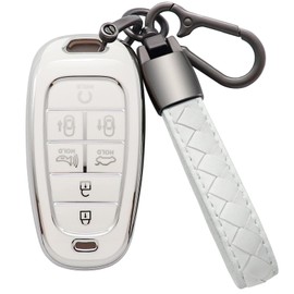 Eisgul for Hyundai Key Fob Cover with Leather Keychain Soft TPU Full Protection Key Case Shell Holder Compatible with 2024 2023 2022 2021 Sonata Santa fe Tucson Nexo Palisade 7 Button, B-White